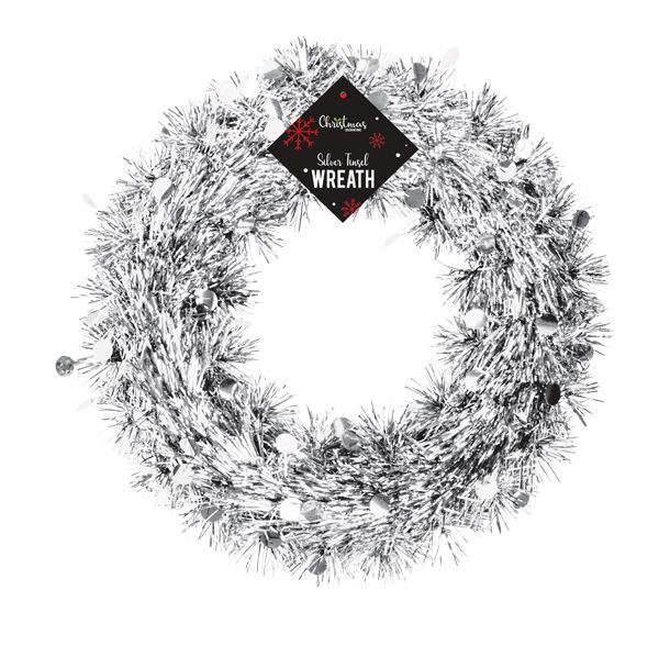 Silver Tinsel Christmas Wreath 28cm - Click Image to Close