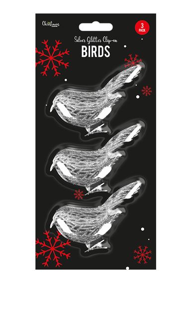 Silver Glittered Clip-On Bird Christmas Decoration - 3 Pack - Click Image to Close