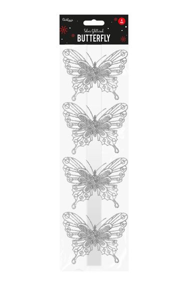 Christmas Silver Glittered Butterfly Decorations - 4 Pack - Click Image to Close