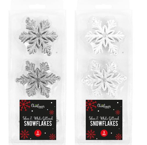 Silver & White Glittered Christmas Snowflakes 9 Pack - Click Image to Close