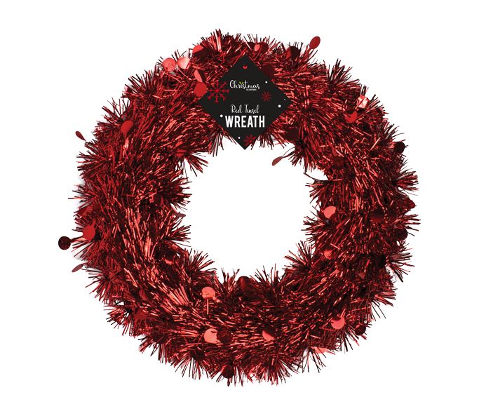 Red Tinsel Wreath 28cm - Click Image to Close