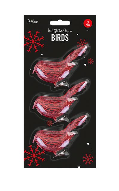Red Glittered Clip-On Bird Christmas Decoration - 3 Pack - Click Image to Close