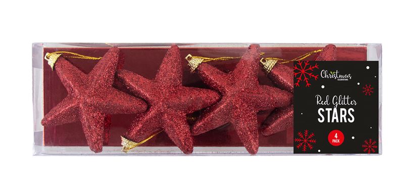 Red Glittered Star Christmas Tree Decorations 4 Pack - Click Image to Close