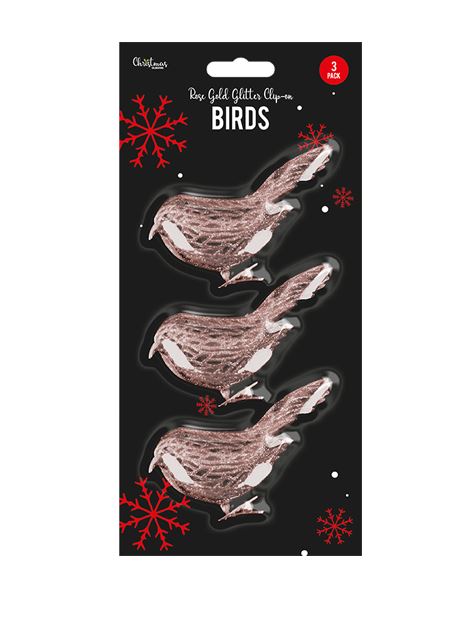 Rose Gold Glittered Clip-On Bird Decorations - 3 Pack - Click Image to Close