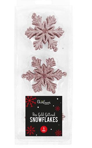 Rose Gold Glittered Christmas Snowflakes 9 Pack - Click Image to Close