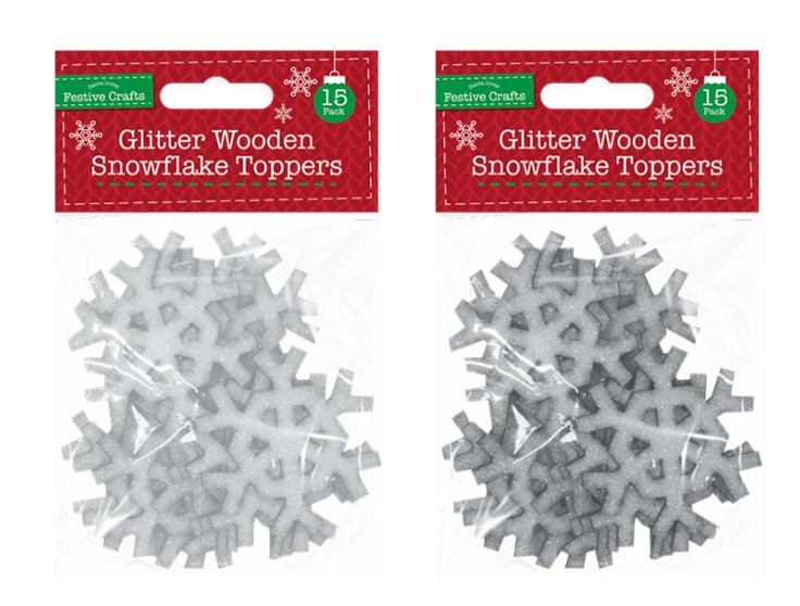 Glitter Wooden Snowflake Toppers 15 Pack - Click Image to Close
