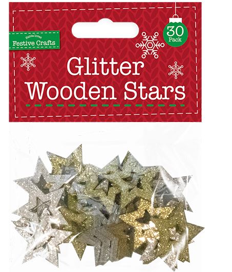 Glitter Wooden Star Embellishments 30Pack - Click Image to Close