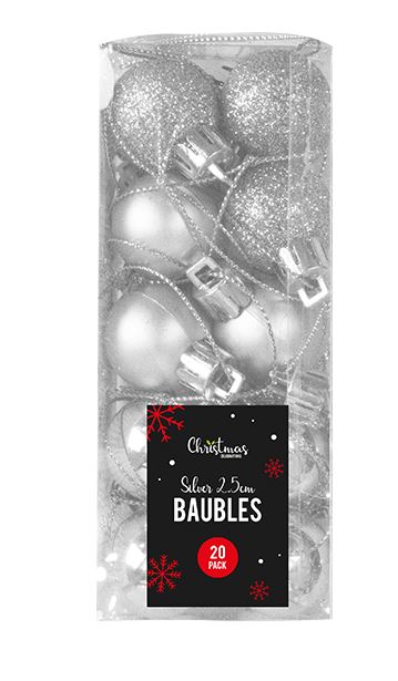 Silver Baubles 2.5cm Diameter 20 Pack - Click Image to Close