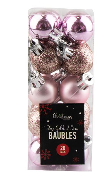 Rose Gold Baubles 2.5cm Dia 20 Pack - Click Image to Close