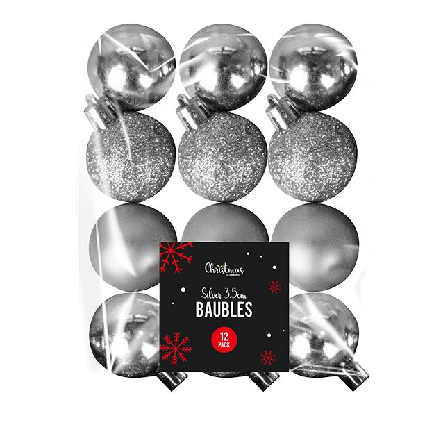 Silver Baubles 3.5cm 12 Pack - Click Image to Close
