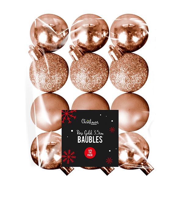 Rose Gold Baubles 3.5cm Dia 12 Pack - Click Image to Close