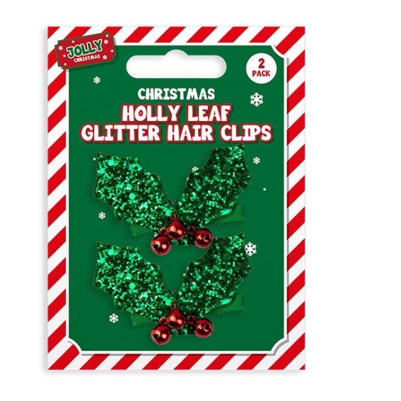 Glitter Holly Hair Clips 2 Pack - Click Image to Close