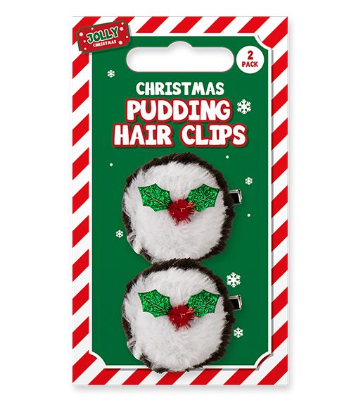 Christmas Pudding Hair Clips 2Pk - Click Image to Close
