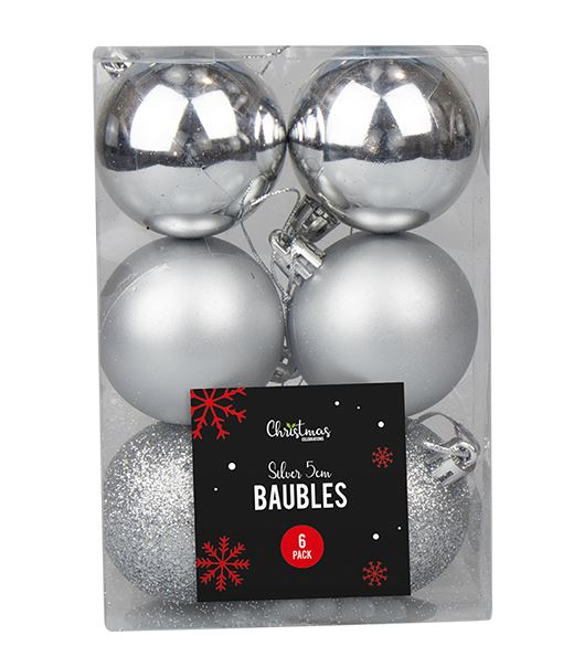 Silver Baubles 5cm 6 Pack ( Assorted Designs ) - Click Image to Close