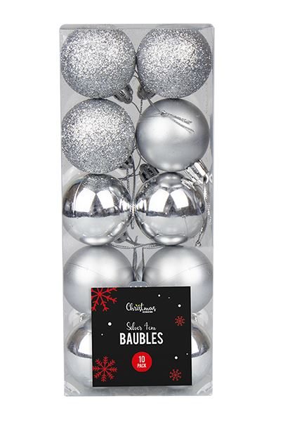 Silver Baubles 4cm 10 Pack ( Assorted Designs ) - Click Image to Close