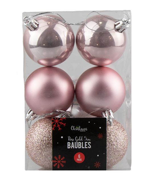 Rose Gold Baubles 5cm 6 Pack ( Assorted Designs ) - Click Image to Close