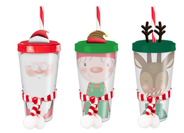 Christmas Festive Re-usable Plastic Cup with Straw - Click Image to Close
