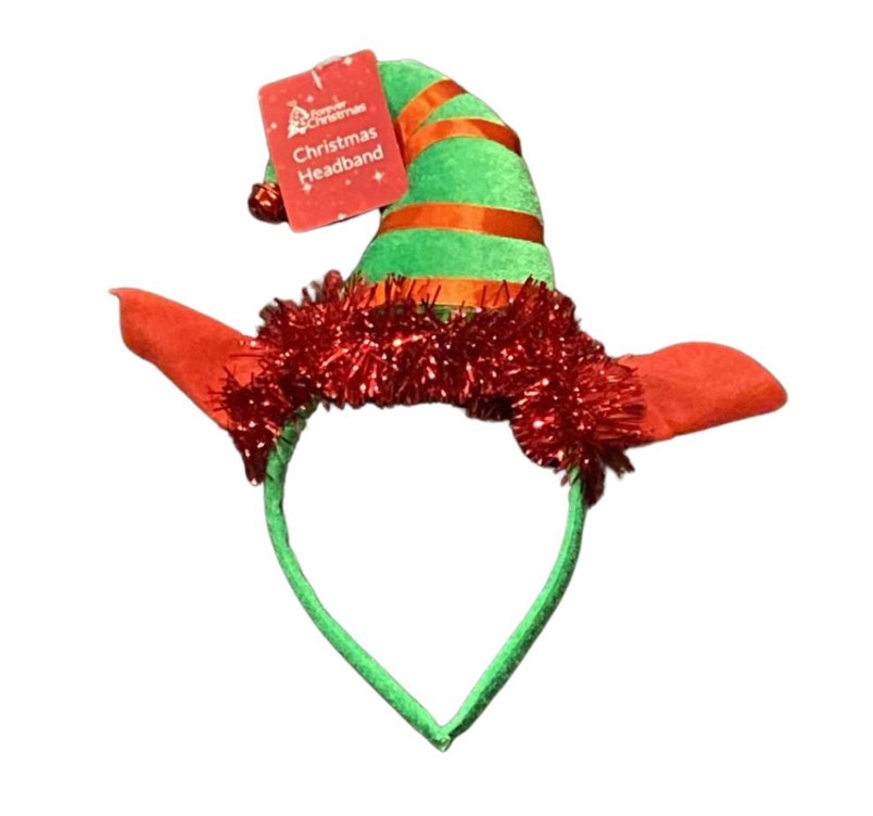 Christmas Elf Hat Headband With Tinsel 12 X 22cm - Click Image to Close