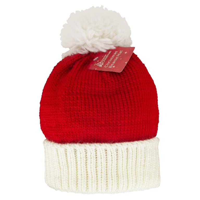 Adult Red/White Beanie Hat - Click Image to Close