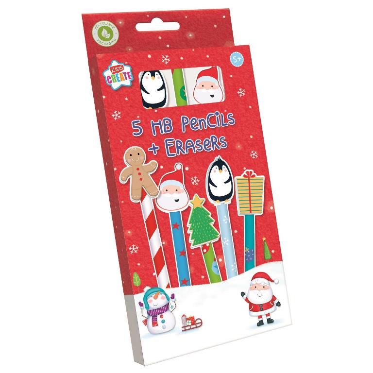 Christmas Activity 5Pk Pencils & Novelty Erasers - Click Image to Close