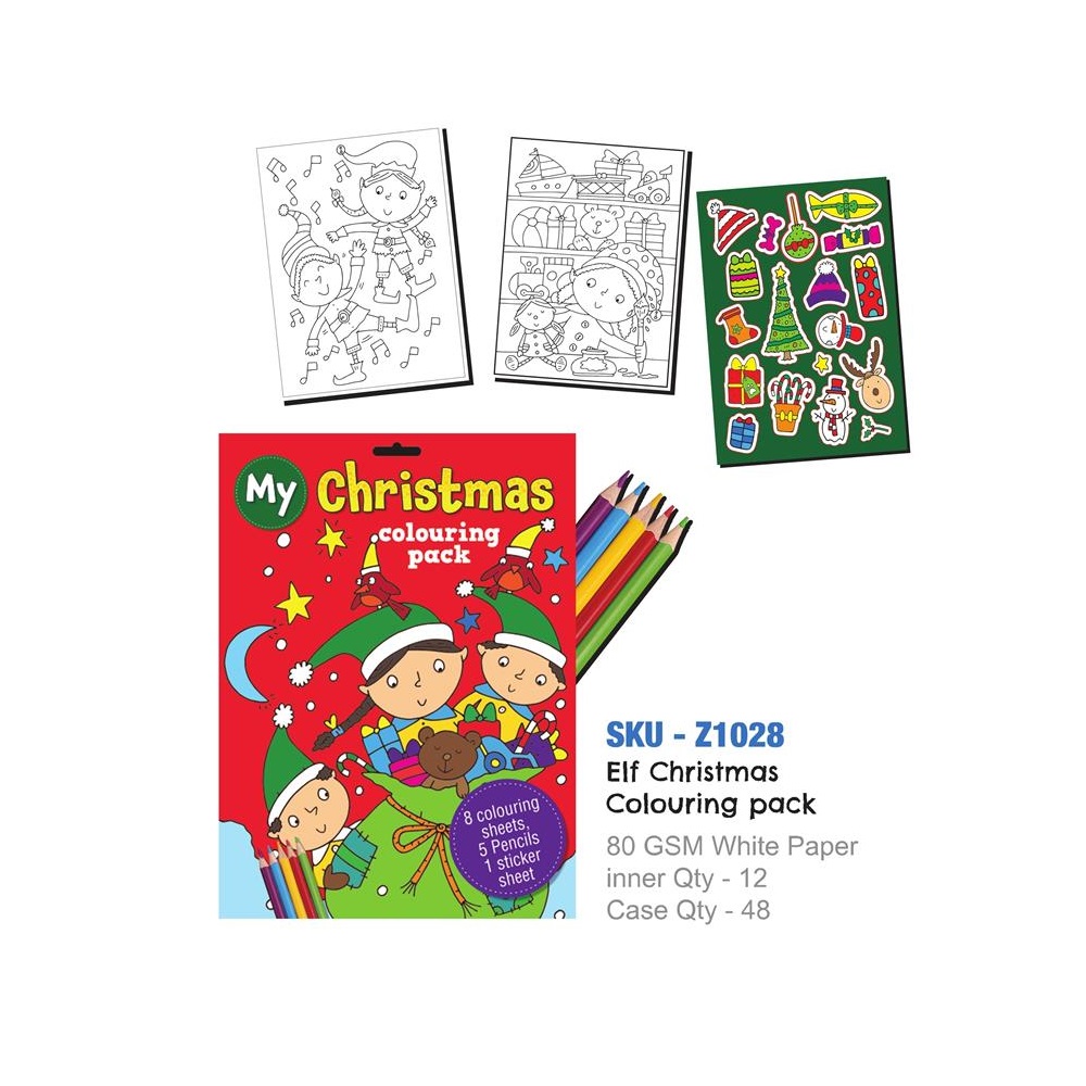 A4 Christmas Elf 8 page Colouring Pack With Pencils - Click Image to Close